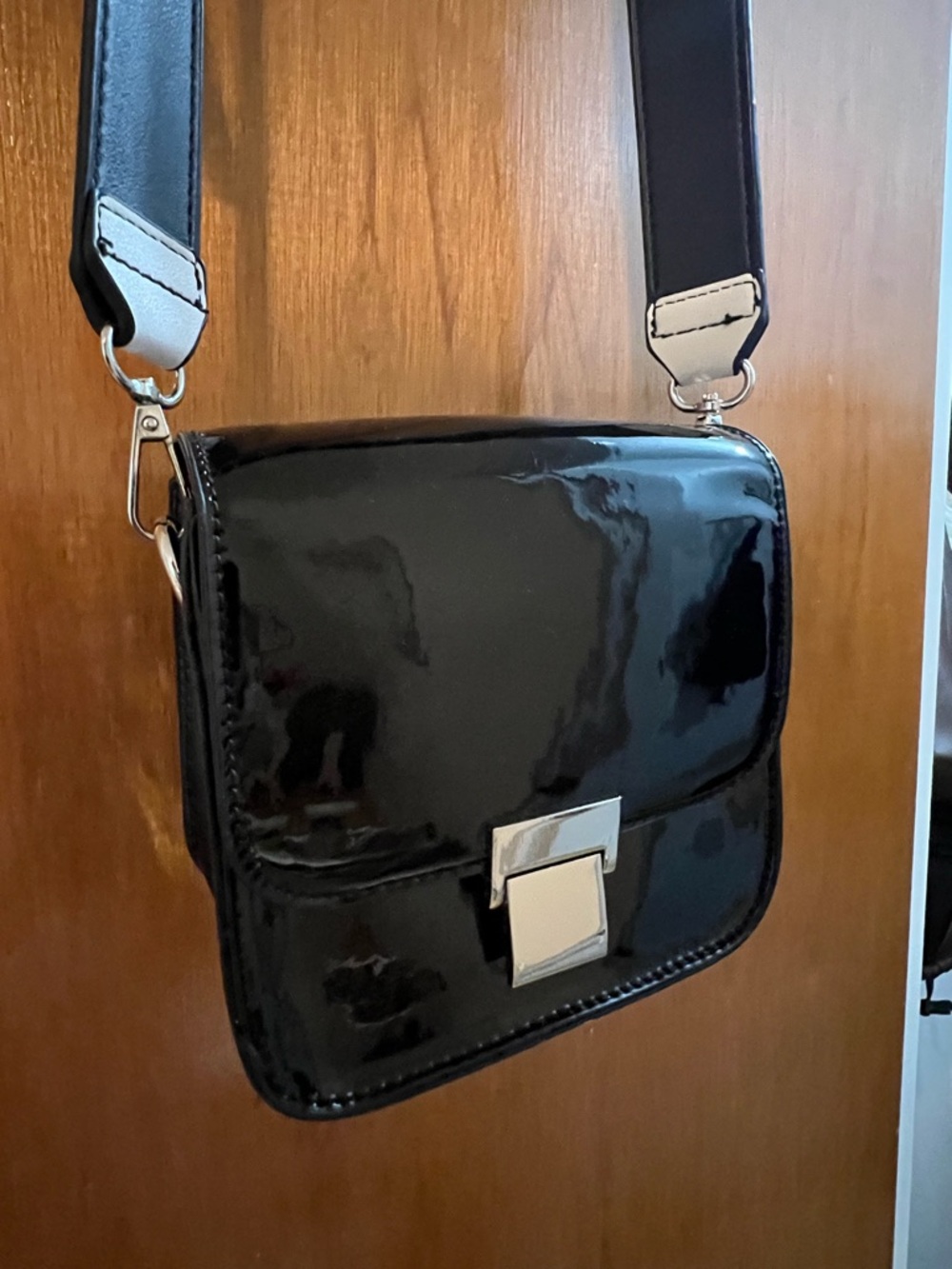 Black Patent Crossbody Bag with Silver Hardware